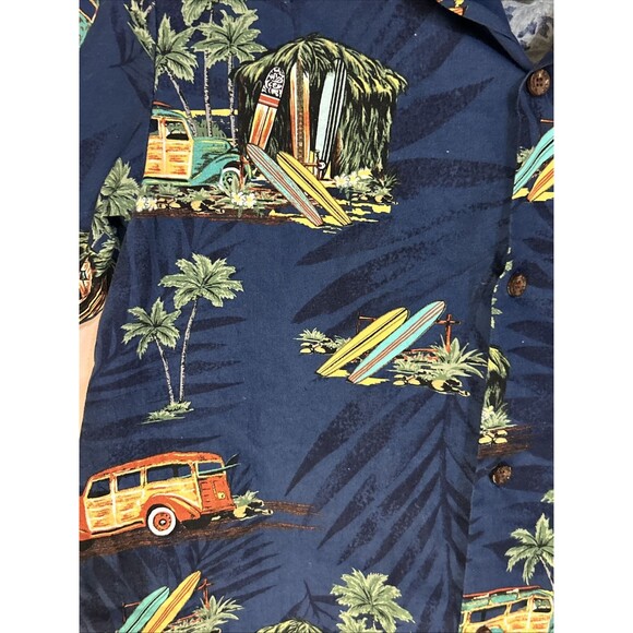 Vintage RJC Hawaiian Shirt Mens Medium Woody Palm Trees Blue Made in USA Cotton - Picture 4 of 8